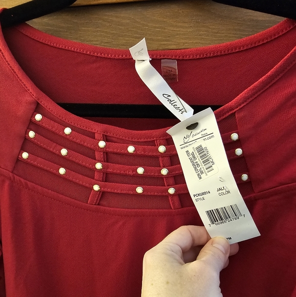 NY Collection Red 3/4 Sleeve Crepe Knit Top (Irregular) - Picture 9 of 11